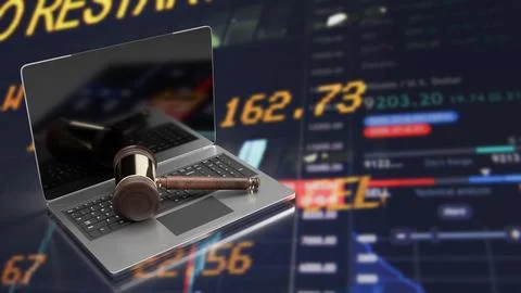 The hammer on notebook and chart Business Background  for law concept 3d re.. Stock Illustration