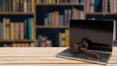 The hammer on notebook in Libraly Background  for law concept 3d rendering Stock Illustration
