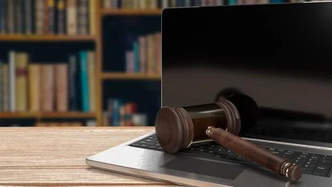 The hammer on notebook in Libraly Background  for law concept 3d rendering Stock Illustration