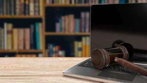 The hammer on notebook in Libraly Background  for law concept 3d rendering Stock Illustration
