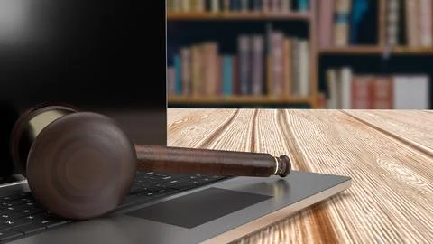 The hammer on notebook in Libraly Background  for law concept 3d rendering Stock Illustration