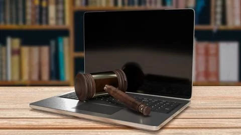 The hammer on notebook in Libraly Background  for law concept 3d rendering Stock Illustration