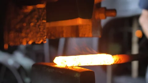Hammer press machine forging hot iron. Blacksmith factory Video stock 205485680