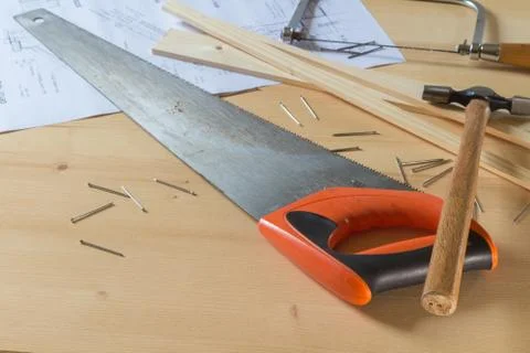 Hammer, saws and nails Stock Photos