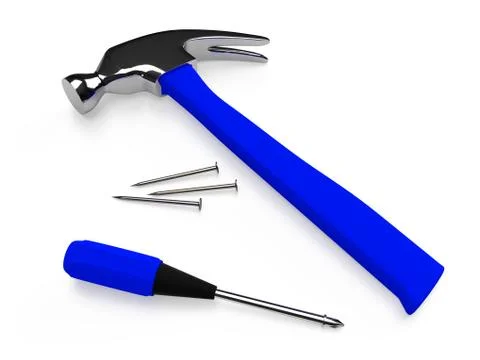 Hammer, screwdriver and nails on white background. 3D rendering Stock Illustration