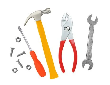 Hammer, screwdriver and wrenches isolated on white Stock Photos