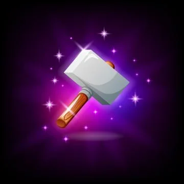 Hammer with sparkles graphic user interface icon, dark background. Fantasy Illustrazione stock