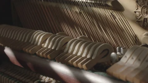 Hammer Striking Strings on the Inside of a Piano Stock Footage 217583108