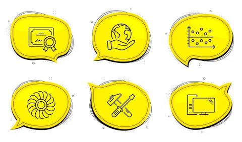 Hammer tool, Computer and Dot plot icons set. Fan engine sign. Vector Illustrazione stock