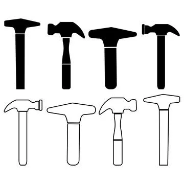 Hammer tools icon set featuring dual style line art and solid black glyph ico 库存插图