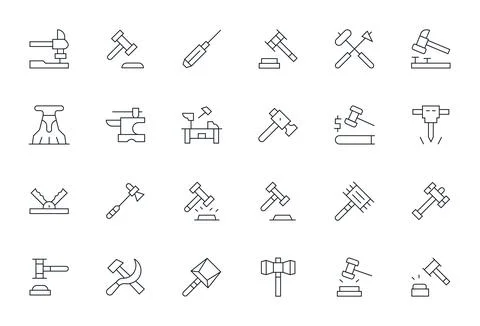 Hammer Vector Icon Collection with 24 High Resolution Thin Line Designs 库存插图