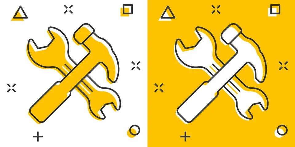 Hammer with wrench icon in flat style. Work instrument vector illustration on Illustrazione stock