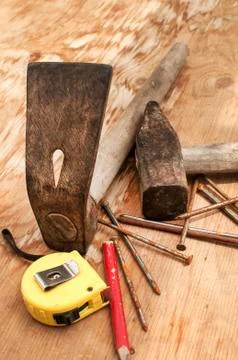 Hammer,adze,measuring tape,nails Stock Photos