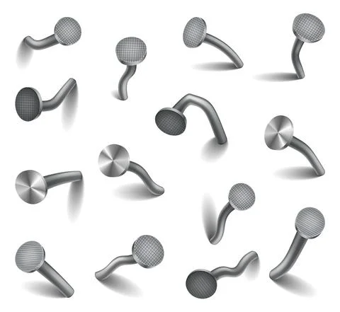 Hammered nails set on surface. Iron, steel or silver pin heads. Bent metal Stock Illustration