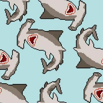 Hammerhead shark pixel art pattern seamless. 8 bit Fish hammer background. ma 스톡 일러스트