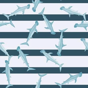 Hammerhead shark seamless pattern in scandinavian style. Marine animals backg 스톡 일러스트