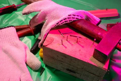 Hammering nails. Using a hammer and a nail. Close up of hammering a nail into Stock-Fotos