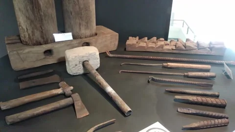 Hammers and ancient carpentry tools at the Song museum, Pacitan, East Java Stock Footage 243802228