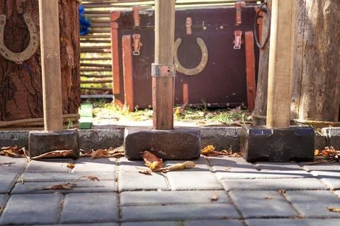 Hammers. Objects for work the smith. Concept hard work.  Hand Made. Stock Photos