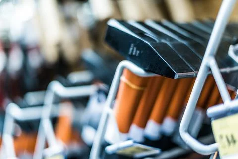 Hammers presented in a hardware store. Stock Photos