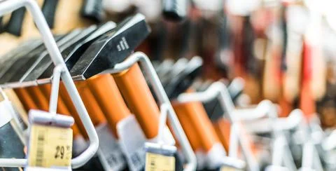 Hammers presented in a hardware store. Stock Photos