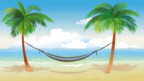 Hammock and palm trees on beach Stock Illustration