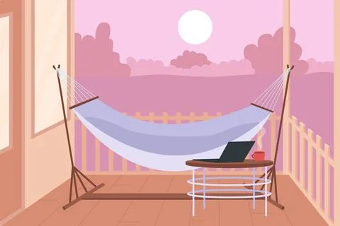 Hammock in backyard for rest flat color vector illustration Stock Illustration