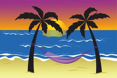Hammock between palm trees on the beach at sunset 스톡 일러스트