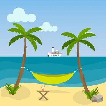 A hammock between palm trees on the beach Illustrazione stock