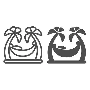Hammock between palm trees line and solid icon, waterpark concept, beach hammock Stock Illustration
