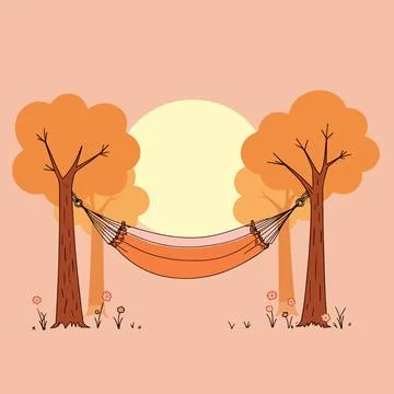 Hammock Between Trees at Sunset Stock Illustration