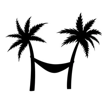 Hammock between two palm trees. Black isolated image. Illustrazione stock