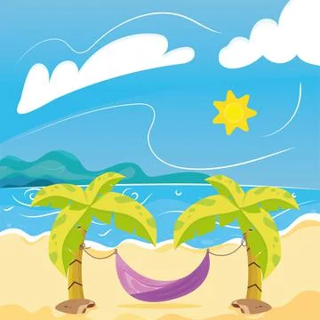 Hammock between two palm trees on beach Summer landscape Vector Stock Illustration