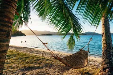 Hammock between two palm trees on the beach at sunset Stock Photos