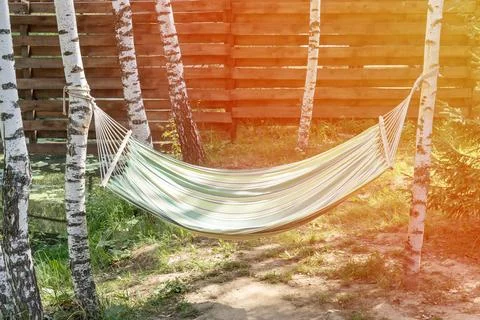 Hammock between two trees in the backyard. Stock Photos