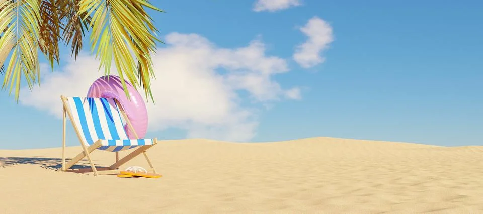 Hammock with float and flip flops on beach sand with palm tree shade Stock Photos