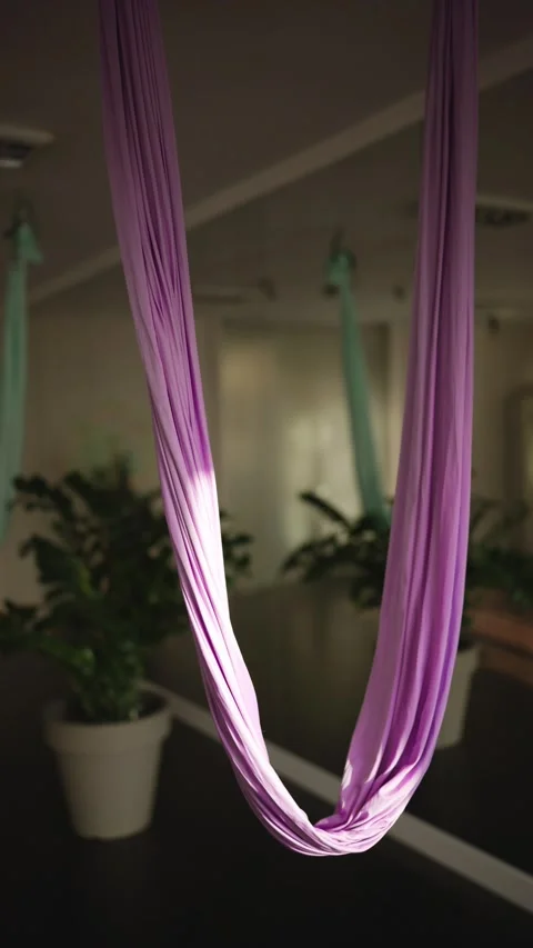 Hammock for fly yoga in studio, closeup Stock Footage 276956896