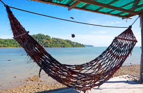 Hammock in front of tropical ocean. Stock Photos