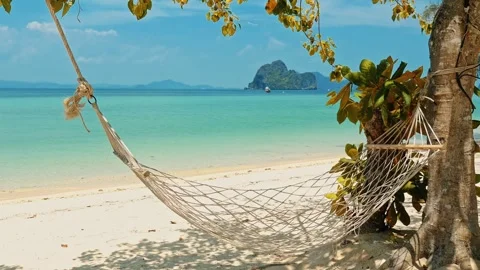 Hammock hanging between trees on tropical beach with turquoise water 库存影片 340553147