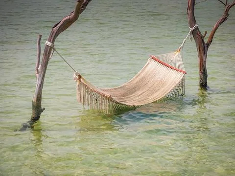 Hammock over water between 2 trees at sea in a tropical Asian resort in Vietnam 库存照片