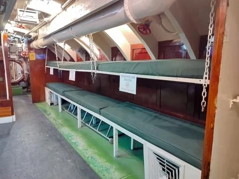 Hammock room or barracks on the Pasopati submarine belonging to the Indones.. Stock Photos
