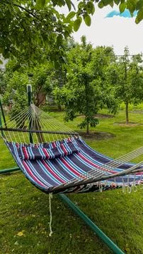 Hammock sits in a green yard surrounded by trees on a sunny day with blue s.. Stock-Fotos