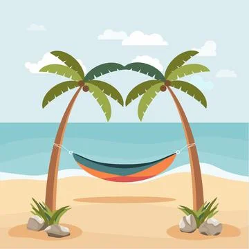 A hammock stretched between palm trees, a beach vacation concept, relaxing Stock Illustration