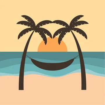 A hammock stretched between two palm trees against a sea backdrop, seascape 스톡 일러스트