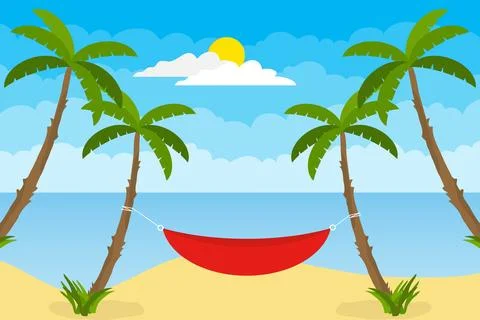 A hammock stretched between two palms. The concept of relaxing on the beach. Stock Illustration