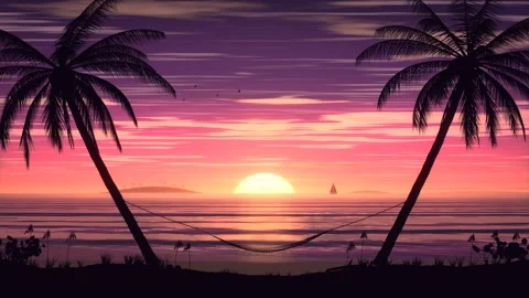 Hammock Swinging Between Palm Trees Tropical Beach Sunset Seamless Loop Stock-Footage 347071250