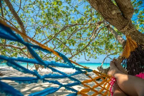 Hammock Tree Straps hang over the beach under shade day time wide shot backgr Stock Photos