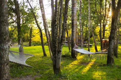 Hammocks on tree trunks in spring garden at rural resort Stock Photos