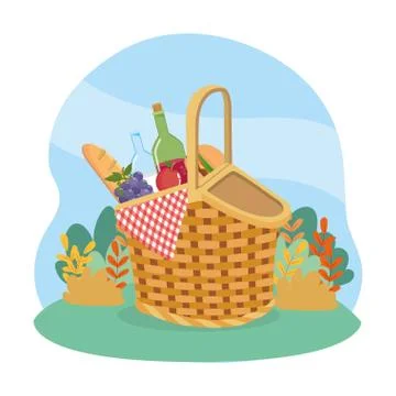Hamper with bread and wine bottle with grapes and hamburger Stock Illustration