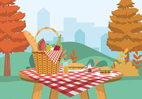 Hamper with bread and wine bottle with hamburger Stock Illustration